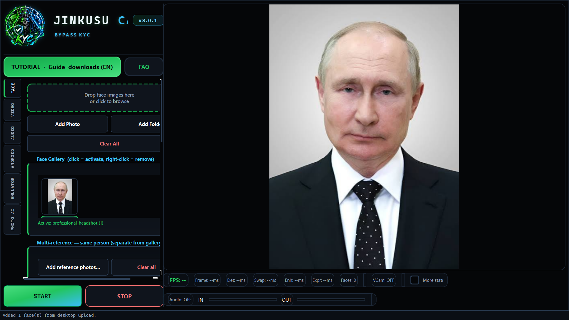 JINKUSU CAM v8.0.1 — FACE tab, gallery, preview and START controls