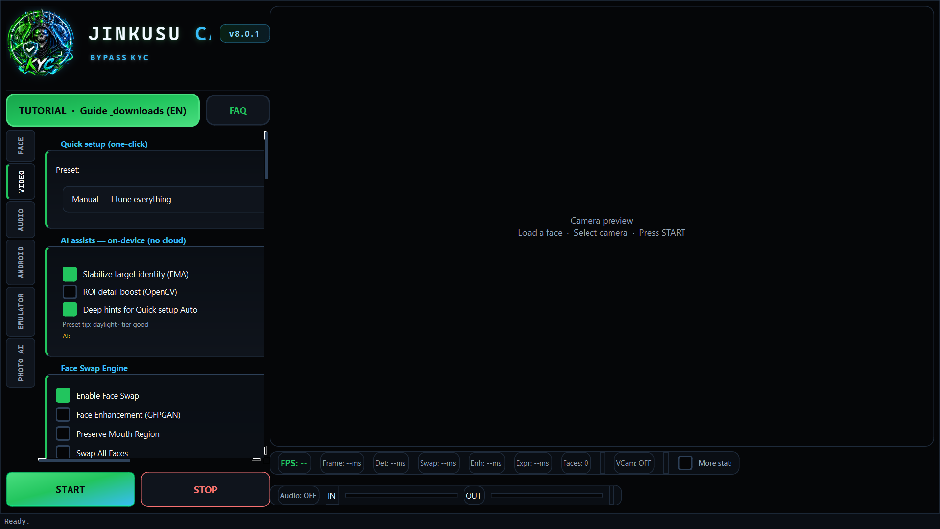 VIDEO tab — resolution, quality, Virtual Camera
